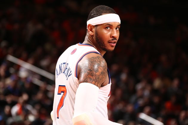 NEW YORK, NY - APRIL 02: Carmelo Anthony #7 of the New York Knicks during a game against the Brooklyn Nets at Madison Square Garden in New York City on April 02, 2014.  NOTE TO USER: User expressly acknowledges and agrees that, by downloading and or using this photograph, User is consenting to the terms and conditions of the Getty Images License Agreement. Mandatory Copyright Notice: Copyright 2014 NBAE  (Photo by Nathaniel S. Butler/NBAE via Getty Images)