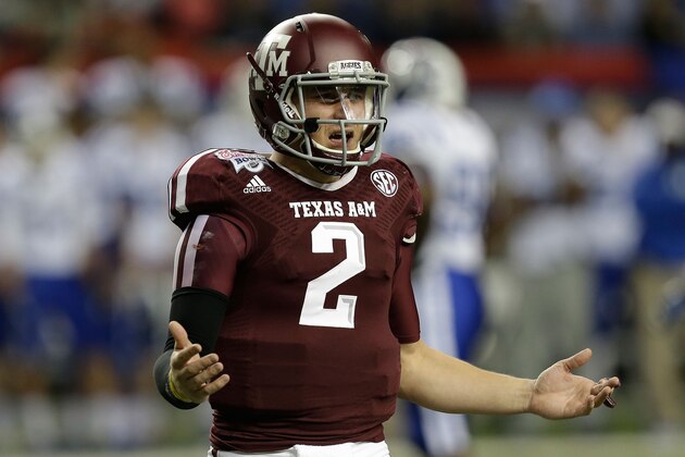 ATLANTA, GA - DECEMBER 31:  Quarterback Johnny Manziel #2 of the Texas A&M Aggies argues a call during the the Chick-fil-A Bowl game against the Duke Blue Devils at the Georgia Dome on December 31, 2013 in Atlanta, Georgia.  (Photo by Mike Zarrilli/Getty Images)