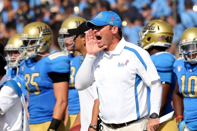 PASADENA, CA - OCTOBER 13:  Head coach Jim Mora of the UCLA Bruins shouts instructions in the game against the Utah Utes at the Rose Bowl on October 13, 2012 in Pasadena, California. UCLA won 21-14.  (Photo by Stephen Dunn/Getty Images)