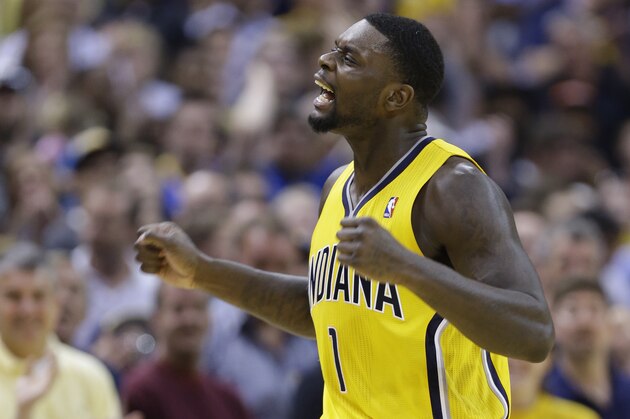 Indiana Pacers guard Lance Stephenson celebrates late in the second half of an NBA basketball game against the Oklahoma City Thunder in Indianapolis, Sunday, April 13, 2014. The Pacers defeated the Thunder 102-97. (AP Photo/Michael Conroy)
