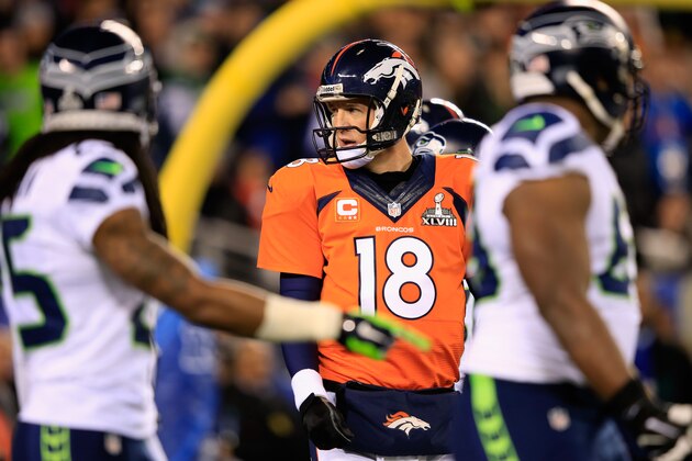 EAST RUTHERFORD, NJ - FEBRUARY 02: Peyton Manning #18 of the Denver Broncos looks on against the Seattle Seahawks during Super Bowl XLVIII at MetLife Stadium on February 2, 2014 in East Rutherford, New Jersey. (Photo by Jamie Squire/Getty Images) EAST RUTHERFORD, NJ - FEBRUARY 02: Peyton Manning #18 of the Denver Broncos looks on against the Seattle Seahawks during Super Bowl XLVIII at MetLife Stadium on February 2, 2014 in East Rutherford, New Jersey. (Photo by Jamie Squire/Getty Images)