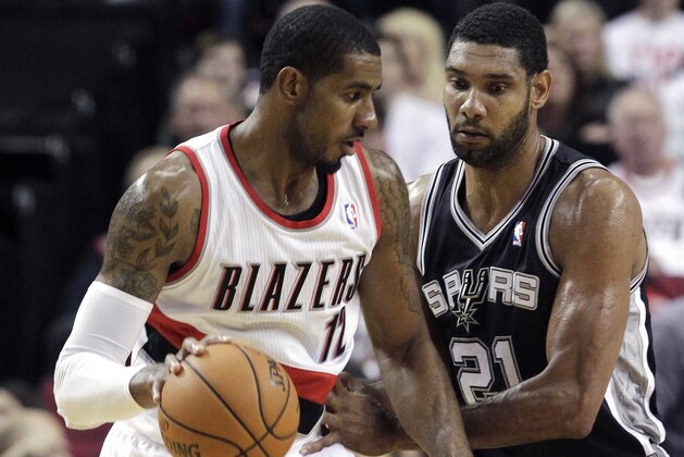 Portland Trail Blazers forward LaMarcus Aldridge, left, works the ball against SanAntonio Spurs forward Tim Duncan during the second half of an NBA basketball game in Portland, Ore., Saturday, Nov. 2, 2013. Aldridge scored 24 points as they defeated the Spurs 115-105. (AP Photo/Don Ryan)