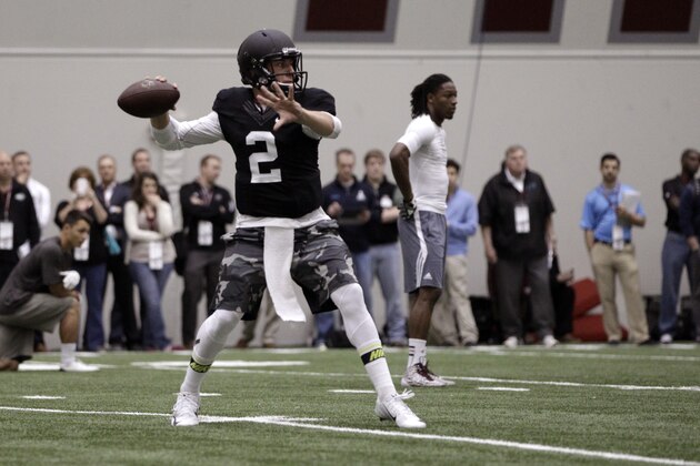 Texas A&M quarterback Johnny Manziel passes the ball during a drill at pro day for NFL football representatives in College Station, Texas, Thursday, March 27, 2014. (AP Photo/Patric Schneider) Texas A&M quarterback Johnny Manziel passes the ball during a drill at pro day for NFL football representatives in College Station, Texas, Thursday, March 27, 2014. (AP Photo/Patric Schneider)