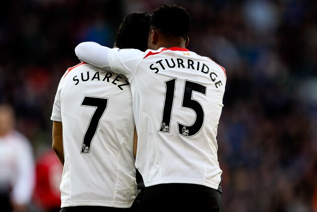 CARDIFF, WALES - MARCH 22:  Daniel Sturridge of Liverpool celebrates with team mate Luis Suarez after scoring his team's fifth goal during the Barclays Premier League match between Cardiff City and Liverpool at Cardiff City Stadium on March 22, 2014 in Cardiff, Wales.  (Photo by Ben Hoskins/Getty Images)