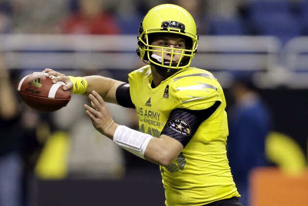 FILE - In this file photo from Jan. 4, 2014, U.S. Army All-American West quarterback Kyle Allen throws against the East during the U.S. Army All-American Bowl football game in San Antonio. Allen, from Scottsdale, Ariz., is a signee with Texas A&M. (AP Photo/Eric Gay, File)