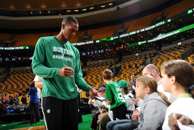 Boston Celtics' Rajon Rondo is seen before an NBA basketball game against the Philadelphia 76ers on Monday, April 14, 2014, in Philadelphia. (AP Photo/Michael Perez)