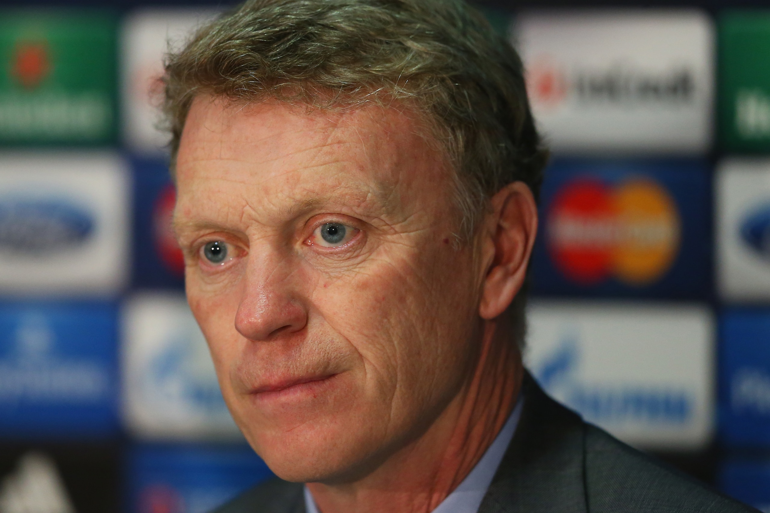MANCHESTER, ENGLAND - MARCH 31:  David Moyes the manager of Manchester United looks on as he faces the media during a press conference at Old Trafford on March 31, 2014 in Manchester, England.  (Photo by Alex Livesey/Getty Images)