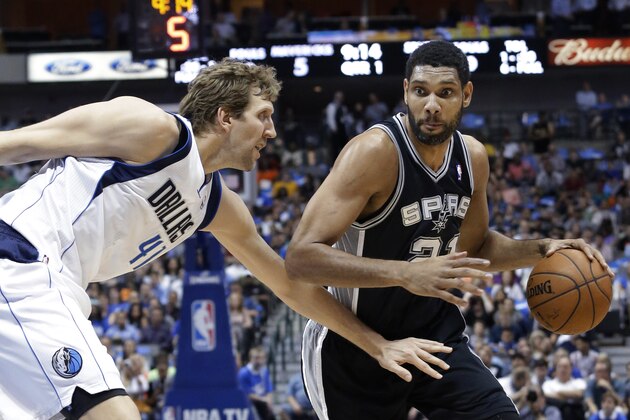 San Antonio Spurs forward Tim Duncan (21) drives against Dallas Mavericks forward Dirk Nowitzki (41) during the first half an NBA basketball game Thursday, April 10, 2014, in Dallas. (AP Photo/LM Otero)