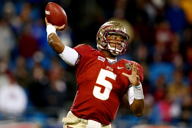 CHARLOTTE, NC - DECEMBER 07:  Quarterback Jameis Winston #5 of the Florida State Seminoles passes against the Duke Blue Devils during the ACC Championship game at Bank of America Stadium on December 7, 2013 in Charlotte, North Carolina.  (Photo by Streeter Lecka/Getty Images)