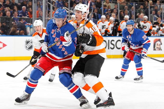 NEW YORK, NY - APRIL 17: Ryan McDonagh #27 of the New York Rangers skates against Vincent Lecavalier #40 of the Philadelphia Flyers in Game One of the First Round of the 2014 Stanley Cup Playoffs at Madison Square Garden on April 17, 2014 in New York City. (Photo by Scott Levy/NHLI via Getty Images) NEW YORK, NY - APRIL 17: Ryan McDonagh #27 of the New York Rangers skates against Vincent Lecavalier #40 of the Philadelphia Flyers in Game One of the First Round of the 2014 Stanley Cup Playoffs at Madison Square Garden on April 17, 2014 in New York City. (Photo by Scott Levy/NHLI via Getty Images)