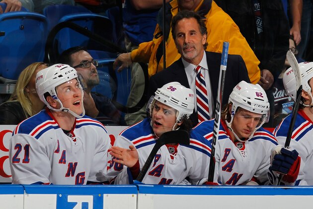 UNIONDALE, NY - APRIL 13:  John Tortorella of the New York Rangers looks on from the bench during the game against the New York Islanders at Nassau Veterans Memorial Coliseum on April 13, 2013 in Uniondale, New York. The Rangers defeated the Islanders 1-0.  (Photo by Mike Stobe/NHLI via Getty Images)