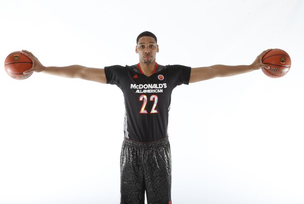 Mar 29, 2014; Chicago, IL, USA; McDonalds High School All American center Jahlil Okafor (22) poses for photos on portrait day at the Marriott Hotel . Mandatory Credit: Brian Spurlock-USA TODAY Sports