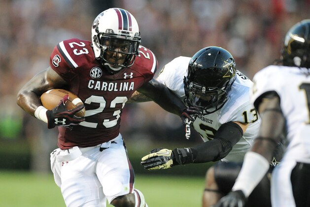 South Carolina wide receiver Bruce Ellington (23) during first half of an NCAA college football game against Vanderbilt, Saturday, Sept. 14, 2013 in Columbia, S.C. South Carolina beat Vanderbilt 35-25. (AP Photo/Stephen Morton)