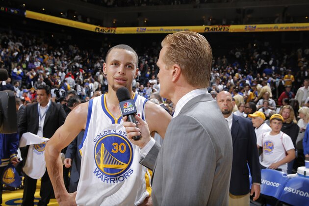 OAKLAND, CA - APRIL 14: Stephen Curry #30 of the Golden State Warriors is interviewed after the game against the Minnesota Timberwolves on April 14, 2014 at Oracle Arena in Oakland, California. NOTE TO USER: User expressly acknowledges and agrees that, by downloading and or using this photograph, user is consenting to the terms and conditions of Getty Images License Agreement. Mandatory Copyright Notice: Copyright 2014 NBAE (Photo by Rocky Widner/NBAE via Getty Images)