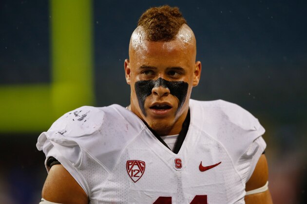 SEATTLE, WA - SEPTEMBER 28:  Linebacker Shayne Skov #11 of the Stanford Cardinal warms up prior to the game against the Washington State Cougars on September 28, 2013 at CenturyLink Field in Seattle, Washington.  (Photo by Otto Greule Jr/Getty Images)