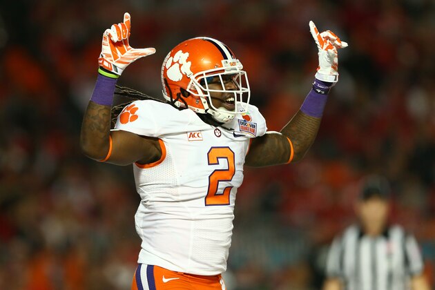 MIAMI GARDENS, FL - JANUARY 03: Sammy Watkins #2 of the Clemson Tigers celebrates a touchdown in the first quarter against the Ohio State Buckeyes during the Discover Orange Bowl at Sun Life Stadium on January 3, 2014 in Miami Gardens, Florida. (Photo by Streeter Lecka/Getty Images) MIAMI GARDENS, FL - JANUARY 03: Sammy Watkins #2 of the Clemson Tigers celebrates a touchdown in the first quarter against the Ohio State Buckeyes during the Discover Orange Bowl at Sun Life Stadium on January 3, 2014 in Miami Gardens, Florida. (Photo by Streeter Lecka/Getty Images)