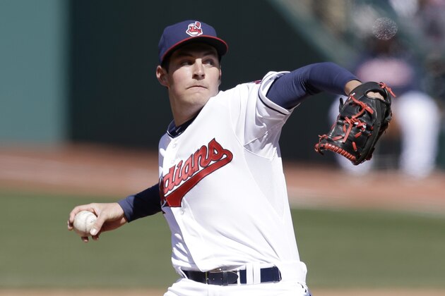 Cleveland Indians starting pitcher Trevor Bauer delivers in the first inning in the second game of a baseball doubleheader against the San Diego Padres, Wednesday, April 9, 2014, in Cleveland. (AP Photo/Tony Dejak)