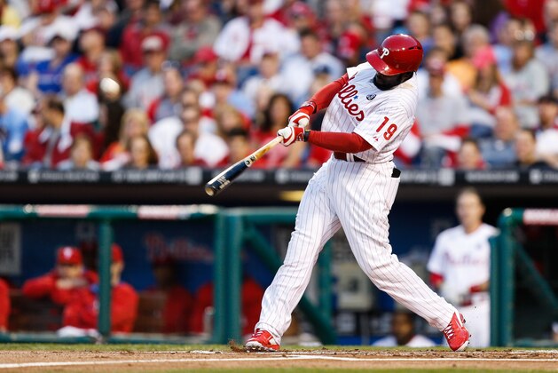 PHILADELPHIA, PA - APRIL 12: Tony Gwynn Jr. #19 of the Philadelphia Phillies hits a double in the first inning of the game against the Miami Marlins at Citizens Bank Park on April 12, 2014 in Philadelphia, Pennsylvania. (Photo by Brian Garfinkel/Getty Images)