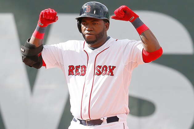 BOSTON, MA - MAY 26: David Ortiz #34 of the Boston Red Sox reacts after hitting a double in the 9th inning against the Cleveland Indians at Fenway Park on May 26, 2013 in Boston, Massachusetts.  (Photo by Jim Rogash/Getty Images)