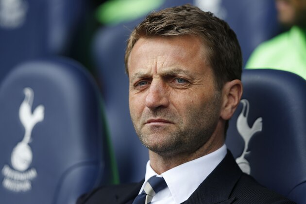 Tottenham Hotspur's manager Tim Sherwood looks on from the dugout before the start of their English Premier League soccer match against Fulham at White Hart Lane, London, Saturday, April 19, 2014. (AP Photo/Sang Tan)