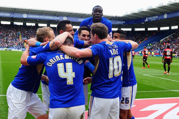 LEICESTER, ENGLAND - APRIL 19: David Nugent of Leicester City (obscured) is congratulated by team mates as he scores their first goal during the Sky Bet Championship match between Leicester City and Queens Park Rangers at The King Power Stadium on April 19, 2014 in Leicester, England. (Photo by Michael Regan/Getty Images) LEICESTER, ENGLAND - APRIL 19: David Nugent of Leicester City (obscured) is congratulated by team mates as he scores their first goal during the Sky Bet Championship match between Leicester City and Queens Park Rangers at The King Power Stadium on April 19, 2014 in Leicester, England. (Photo by Michael Regan/Getty Images)