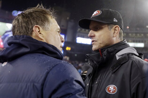 New England Patriots head coach Bill Belichick, left, and San Francisco 49ers head coach Jim Harbaugh, right, meet at midfield after an NFL football game in Foxborough, Mass., Monday, Dec. 17, 2012. The 49ers won 41-34. (AP Photo/Elise Amendola)