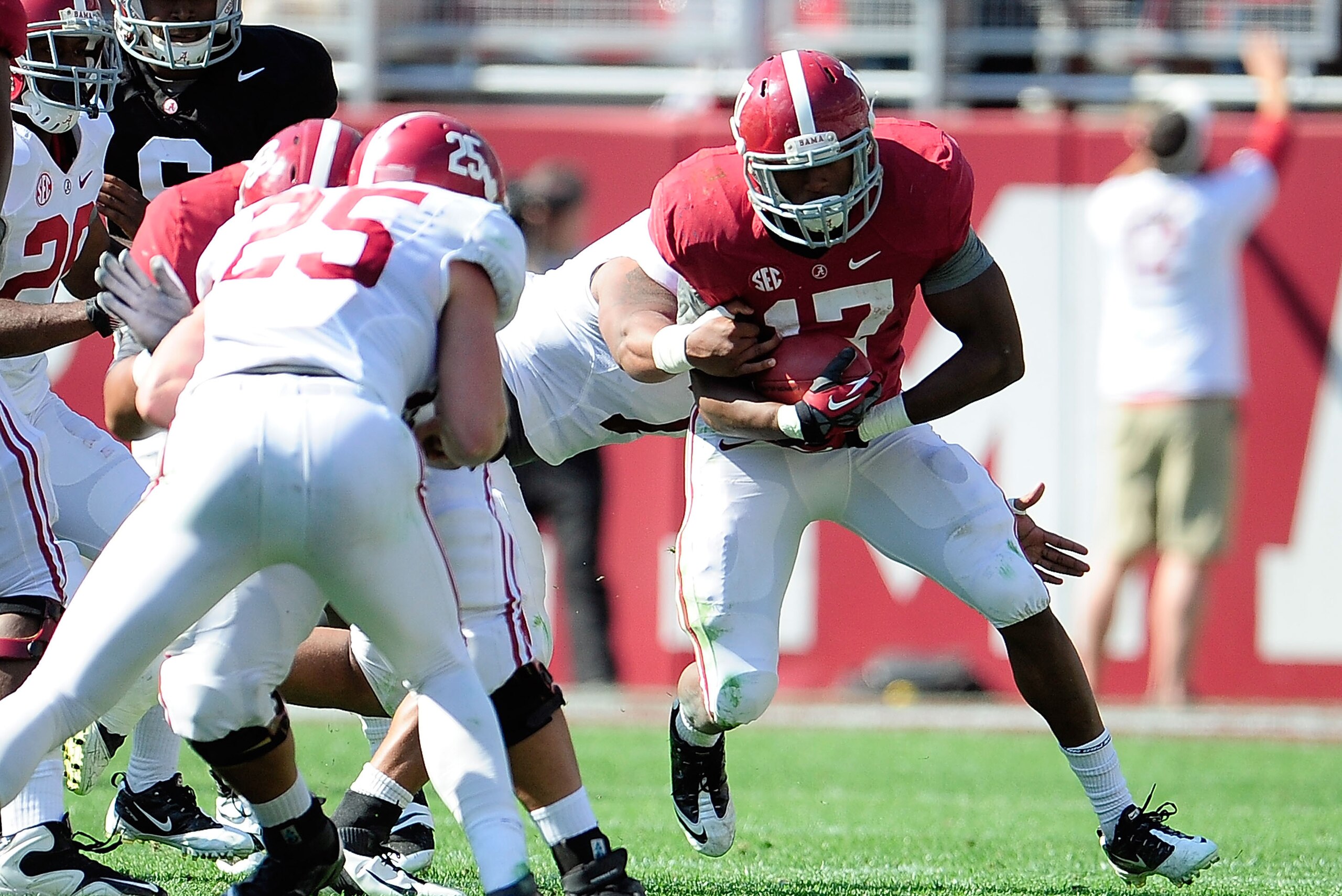 TUSCALOOSA, AL - APRIL 20:  Kenyan Drake #17 of the Crimson team runs for yards during the Alabama A-Day spring game at Bryant-Denny Stadium on April 20, 2013 in Tuscaloosa, Alabama.  (Photo by Stacy Revere/Getty Images)