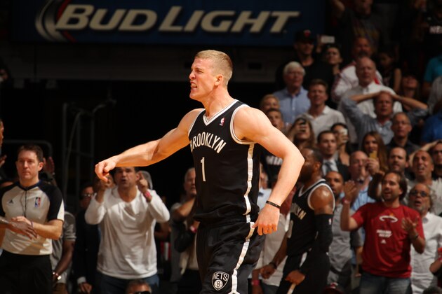 MIAMI, FL - APRIL 8:  Mason Plumlee #1 of the Brooklyn Nets gets pumped up after the big block against the Miami Heat during on April 8, 2014 at American Airlines Arena in Miami, Florida.  NOTE TO USER: User expressly acknowledges and agrees that, by downloading and or using this photograph, User is consenting to the terms and conditions of the Getty Images License Agreement. Mandatory Copyright Notice: Copyright 2013 (Photo by Issac Baldizon/NBAE via Getty Images)