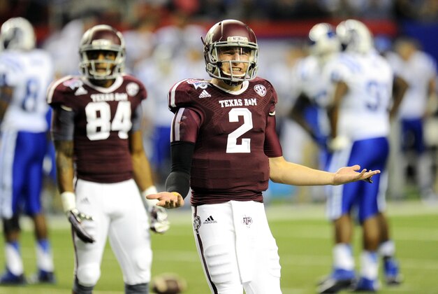 Dec 31, 2013; Atlanta, GA, USA; Texas A&M Aggies quarterback Johnny Manziel (2) reacts to the sideline against the Duke Blue Devils during the second quarter in the 2013 Chick-fil-a Bowl at the Georgia Dome. Mandatory Credit: Dale Zanine-USA TODAY Sports