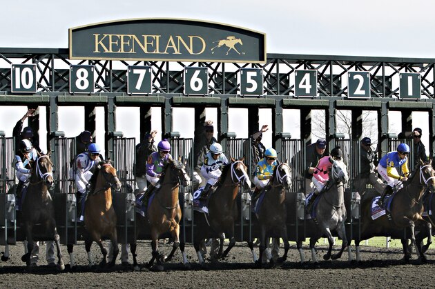 The field breaks from the gate at the start of the 33rd running of the Lexington Stakes horse race at Keeneland in Lexington, Ky., Saturday, April 19, 2014. Eventual winner Mr. Speaker, under jockey Jose Lezcano, is at right. (AP Photo/Garry Jones)
