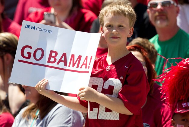 Apr 19, 2014; Tuscaloosa, AL, USA;  A young Alabama Crimson Tide fan during the A-Day game at Bryant-Denny Stadium. Mandatory Credit: Marvin Gentry-USA TODAY Sports