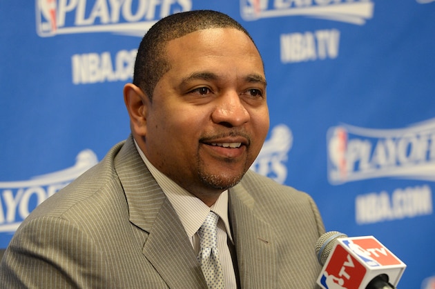 LOS ANGELES, CA - APRIL 19: Mark Jackson of the Golden State Warriors speaks to the media before Game One of the Western Conference Quarterfinals of the NBA Playoffs against the Los Angeles Clippers at STAPLES Center on April 19, 2014 in Los Angeles, California. NOTE TO USER: User expressly acknowledges and agrees that, by downloading and/or using this Photograph, user is consenting to the terms and conditions of the Getty Images License Agreement. Mandatory Copyright Notice: Copyright 2014 NBAE (Photo by Andrew D. Bernstein/NBAE via Getty Images)