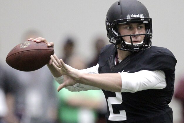 Texas A&M quarterback Johnny Manziel passes the ball during a drill at pro day for NFL football representatives in College Station, Texas, Thursday, March 27, 2014. (AP Photo/Patric Schneider)