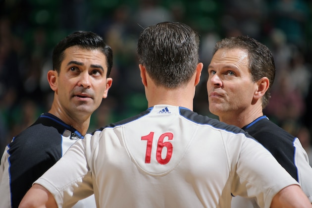 SALT LAKE CITY, UT - FEBRUARY 6: Officials discuss a call during the Utah Jazz matchup against the Milwaukee Bucks at Energy Solutions Arena on February 06, 2013 in Salt Lake City, Utah. NOTE TO USER: User expressly acknowledges and agrees that, by downloading and or using this Photograph, User is consenting to the terms and conditions of the Getty Images License Agreement. Mandatory Copyright Notice: Copyright 2013 NBAE (Photo by Melissa Majchrzak/NBAE via Getty Images)