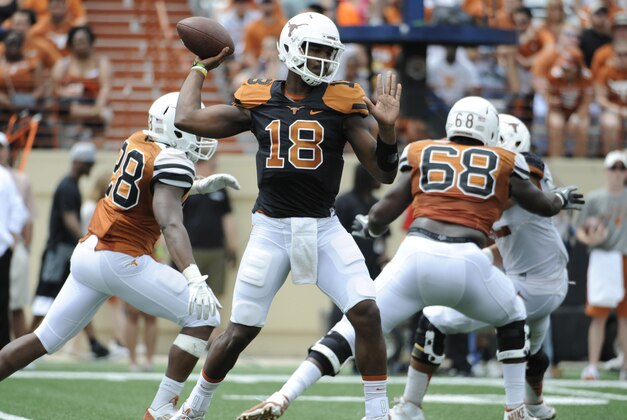 Apr 19, 2014; Austin, TX, USA; Texas Longhorns quarterback Tyrone Swoopes (18) passes the ball during the Spring Game at Texas Memorial Stadium. Mandatory Credit: Brendan Maloney-USA TODAY Sports