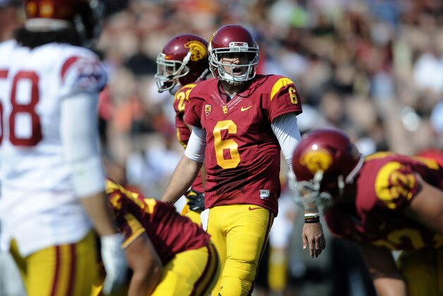 Apr 19, 2014; Los Angeles, CA, USA; Southern California quarterback Cody Kessler (6) yells during the Southern California Spring Game at Los Angeles Memorial Coliseum. Mandatory Credit: Kelvin Kuo-USA TODAY Sports