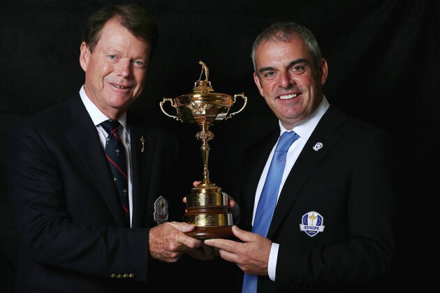 AUCHTERARDER, SCOTLAND - SEPTEMBER 24:   Tom Watson, the American Ryder Cup team captain, (left) and Paul McGinley, the European Ryder Cup team captain, pose with the trophy during a studio shoot prior to the start of The Ryder Cup Captains' Joint Press Conference at Gleneagles on September 24, 2013 in Auchterarder, Scotland.  (Photo by Andrew Redington/Getty Images)