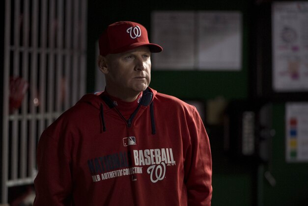 Apr 9, 2014; Washington, DC, USA; Washington Nationals manager Matt Williams (9) stands in the dugout during the sixth inning against the Miami Marlins at Nationals Park. Washington Nationals defeated the Miami Marlins 10-7. Mandatory Credit: Tommy Gilligan-USA TODAY Sports