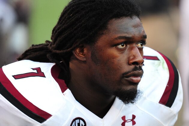 ATHENS, GA - SEPTEMBER 7: Jadaveon Clowney #7 of the South Carolina Gamecocks watches the action against the Georgia Bulldogs at Sanford Stadium on September 7, 2013 in Athens, Georgia. (Photo by Scott Cunningham/Getty Images)