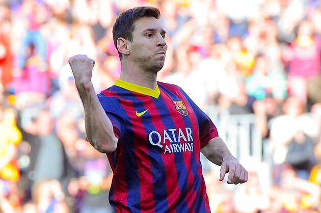 BARCELONA, SPAIN - APRIL 05:  Lionel Messi of FC Barcelona celebrates after scoring the opening goal during the La Liga match between FC Barcelona and Real Betis Balompie at Camp Nou on April 5, 2014 in Barcelona, Spain.  (Photo by David Ramos/Getty Images)