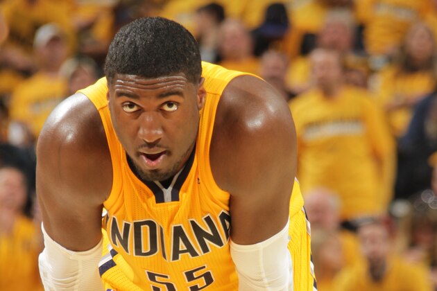 INDIANAPOLIS - APRIL 19: Roy Hibbert #55 of the Indiana Pacers looks on against the Atlanta Hawks in the East Conference Quarter Finals at Bankers Life Fieldhouse on April 19, 2014 in Indianapolis, Indiana.  NOTE TO USER: User expressly acknowledges and agrees that, by downloading and or using this Photograph, user is consenting to the terms and condition of the Getty Images License Agreement. Mandatory Copyright Notice: 2014 NBAE  (Photo by Ron Hoskins/NBAE via Getty Images)