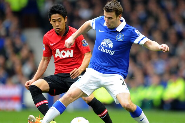 Everton's Seamus Coleman right, and Manchester United's Shinji Kagawa battle for the ball during their English Premier League soccer match at Goodison Park in Liverpool, England, Sunday April 20, 2014. (AP Photo/Clint Hughes)