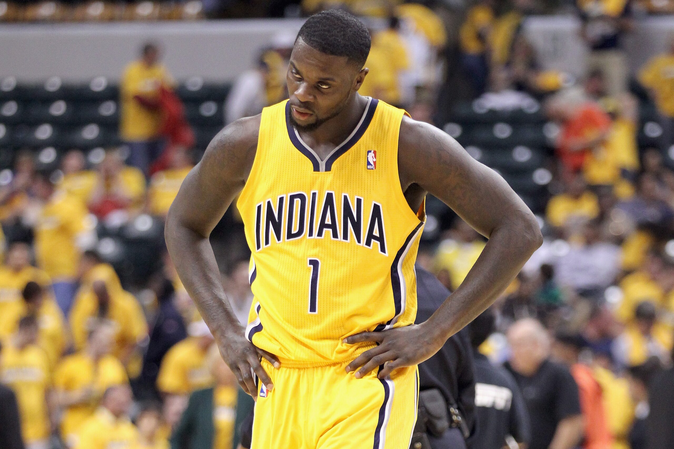 INDIANAPOLIS, IN - APRIL 19:  Lance Stephenson #1 of the the Indiana Pacers walks of the court after the 101 -93 loss to the Atlanta Hawks in Game 1 of the Eastern Conference Quarterfinals during the 2014 NBA Playoffs at Bankers Life Fieldhouse on April 19, 2014 in Indianapolis, Indiana. NOTE TO USER: User expressly acknowledges and agrees that, by downloading and or using this photograph, User is consenting to the terms and conditions of the Getty Images License Agreement.  (Photo by Andy Lyons/Getty Images)