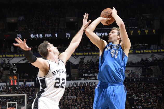 SAN ANTONIO, TX - April 20: Dirk Nowitzki #41 of the Dallas Mavericks shoots against Tiago Splitter #22 of the San Antonio Spurs during Game One of the Eastern Conference Quarterfinals of the 2014 NBA playoffs at the AT&T Center on April 20, 2014 in San Antonio, Texas. NOTE TO USER: User expressly acknowledges and agrees that, by downloading and or using this photograph, user is consenting to the terms and conditions of the Getty Images License Agreement. Mandatory Copyright Notice: Copyright 2014 NBAE (Photos by D. Clarke Evans/NBAE via Getty Images)