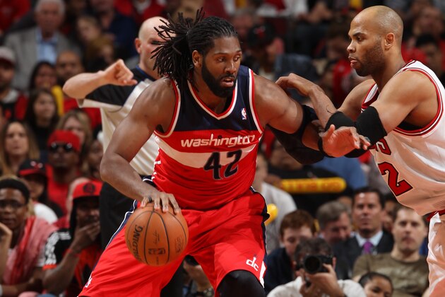CHICAGO, IL APRIL 20: Nene #42 of the Washington Wizards handles the ball against the Chicago Bulls during Game 1 of the Eastern Conference Quarterfinals on April 20, 2014 at the United Center in Chicago, Illinois. NOTE TO USER: User expressly acknowledges and agrees that, by downloading and/or using this photograph, user is consenting to the terms and conditions of the Getty Images License Agreement. Mandatory Copyright Notice: Copyright 2014 NBAE (Photo by Gary Dineen/NBAE via Getty Images) CHICAGO, IL APRIL 20: Nene #42 of the Washington Wizards handles the ball against the Chicago Bulls during Game 1 of the Eastern Conference Quarterfinals on April 20, 2014 at the United Center in Chicago, Illinois. NOTE TO USER: User expressly acknowledges and agrees that, by downloading and/or using this photograph, user is consenting to the terms and conditions of the Getty Images License Agreement. Mandatory Copyright Notice: Copyright 2014 NBAE (Photo by Gary Dineen/NBAE via Getty Images)