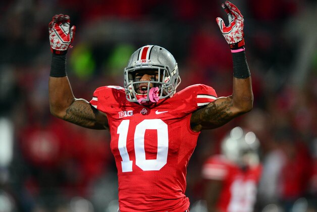 Oct 6, 2012; Columbus, OH, USA; Ohio State Buckeyes linebacker Ryan Shazier (10) celebrates in the first quarter against the Nebraska Cornhuskers at Ohio Stadium. Mandatory Credit: Andrew Weber-USA TODAY Sports