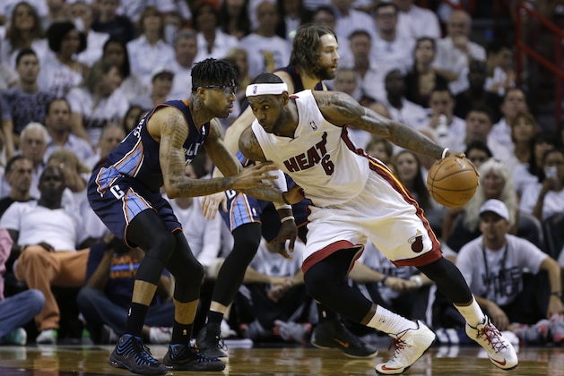 Miami Heat's LeBron James (6) drives to the basket as Charlotte Bobcats' Chris Douglas-Roberts, left, during the second half in Game 1 of an opening-round NBA basketball playoff series, Sunday, April 20, 2014, in Miami. The Heat defeated the Bobcats 99-88. (AP Photo/Lynne Sladky) Miami Heat's LeBron James (6) drives to the basket as Charlotte Bobcats' Chris Douglas-Roberts, left, during the second half in Game 1 of an opening-round NBA basketball playoff series, Sunday, April 20, 2014, in Miami. The Heat defeated the Bobcats 99-88. (AP Photo/Lynne Sladky)
