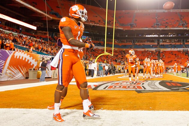 MIAMI GARDENS, FL - JANUARY 04:  Martavis Bryant #1 of the Clemson Tigers warms up against the West Virginia Mountaineers during the Discover Orange Bowl at Sun Life Stadium on January 4, 2012 in Miami Gardens, Florida.  (Photo by Mike Ehrmann/Getty Images)