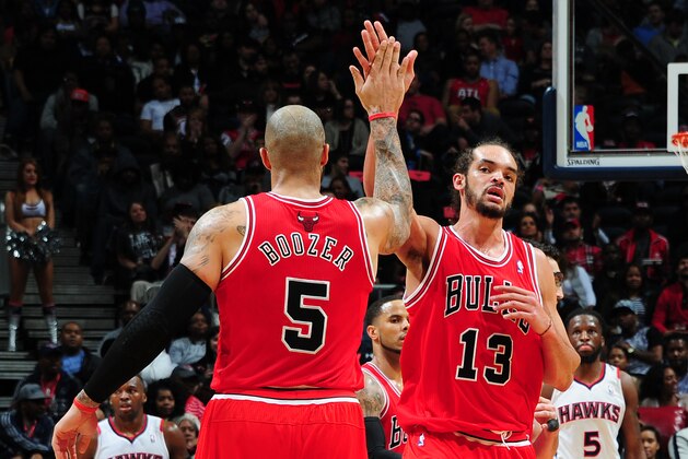 ATLANTA, GA - FEBRUARY 25: Joakim Noah #13 and Carlos Boozer #5 of the Chicago Bulls celebrate during the game against the Atlanta Hawks on February 25, 2014 at Philips Arena in Atlanta, Georgia. NOTE TO USER: User expressly acknowledges and agrees that, by downloading and/or using this Photograph, user is consenting to the terms and conditions of the Getty Images License Agreement. Mandatory Copyright Notice: Copyright 2014 NBAE (Photo by Scott Cunningham/NBAE via Getty Images) ATLANTA, GA - FEBRUARY 25: Joakim Noah #13 and Carlos Boozer #5 of the Chicago Bulls celebrate during the game against the Atlanta Hawks on February 25, 2014 at Philips Arena in Atlanta, Georgia. NOTE TO USER: User expressly acknowledges and agrees that, by downloading and/or using this Photograph, user is consenting to the terms and conditions of the Getty Images License Agreement. Mandatory Copyright Notice: Copyright 2014 NBAE (Photo by Scott Cunningham/NBAE via Getty Images)