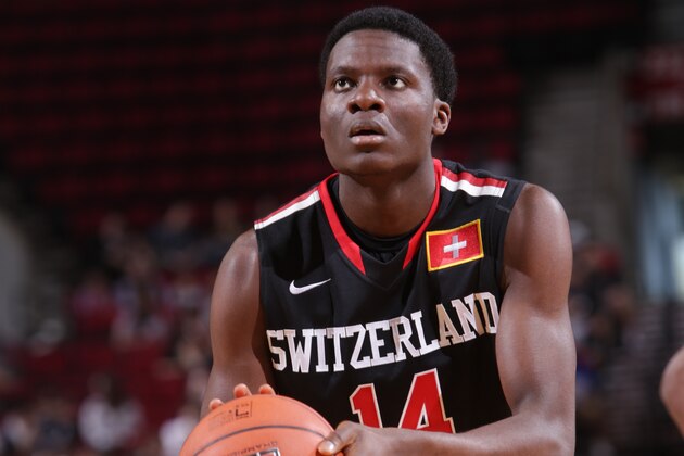 PORTLAND, OR - APRIL 12:  Clint Capela #14 of the World Team shoots the ball against the USA Team on April 12, 2014 at the Moda Center Arena in Portland, Oregon. NOTE TO USER: User expressly acknowledges and agrees that, by downloading and or using this photograph, user is consenting to the terms and conditions of the Getty Images License Agreement. Mandatory Copyright Notice: Copyright 2014 NBAE (Photo by Sam Forencich/NBAE via Getty Images)